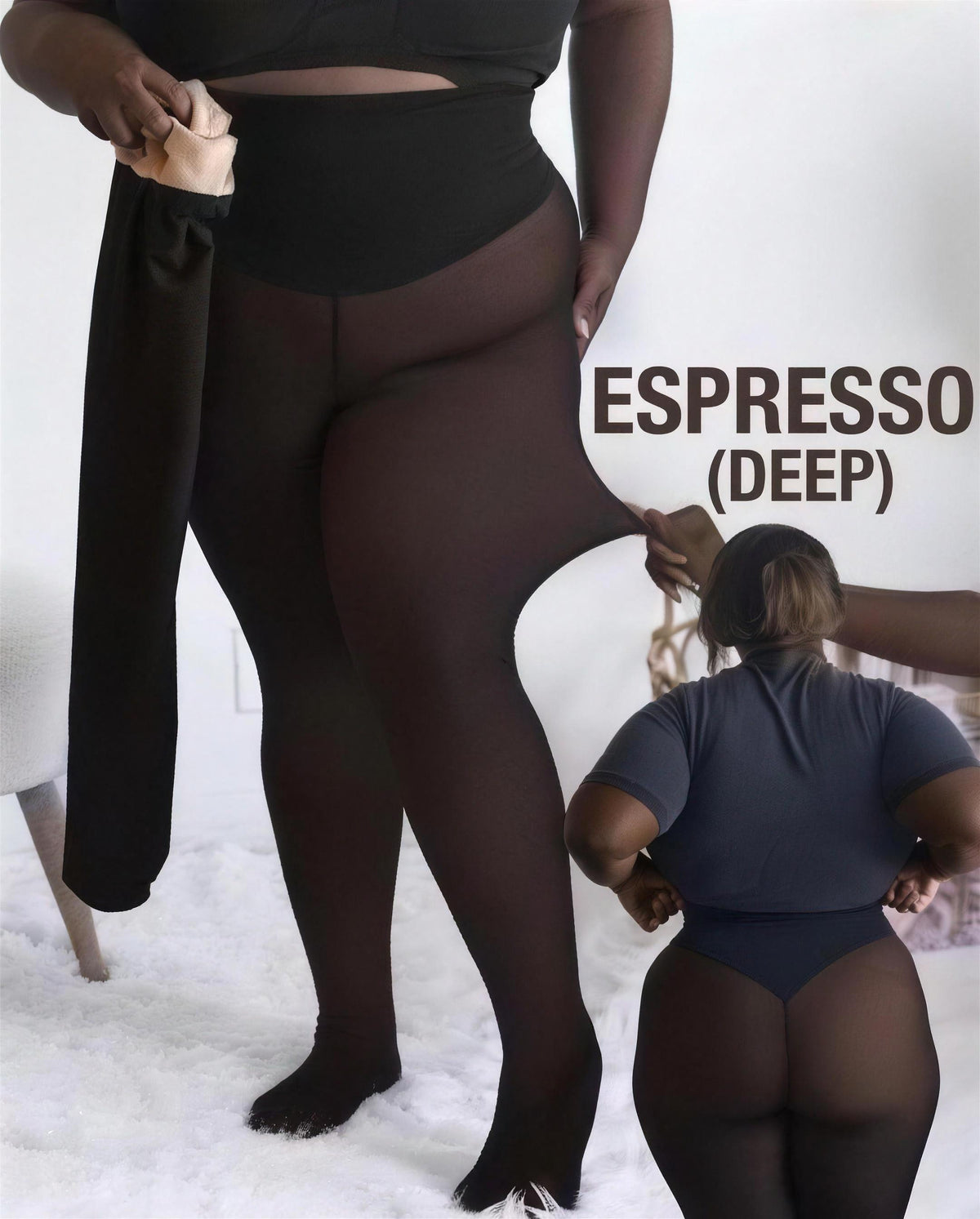 Cozy Veil stockings in Espresso (Deep), with front and back views.