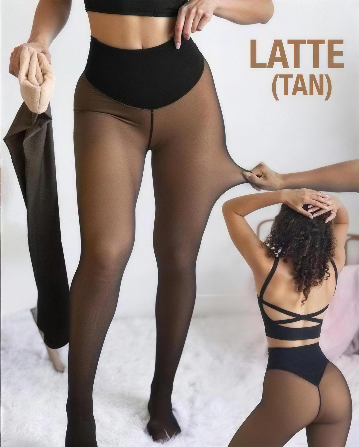 Cozy Veil stockings in Latte (Tan), with front and back views.