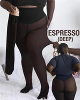 Cozy Veil stockings in Espresso (Deep), with front and back views.