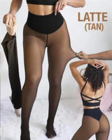 Cozy Veil stockings in Latte (Tan), with front and back views.