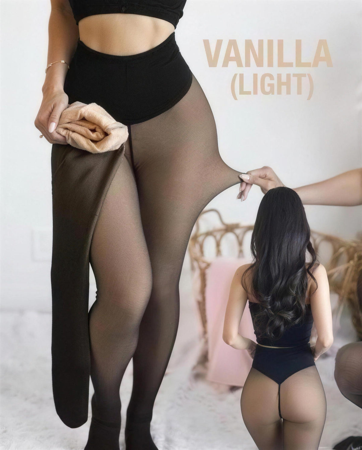 Cozy Veil stockings in Vanilla (Light), with front and back views.